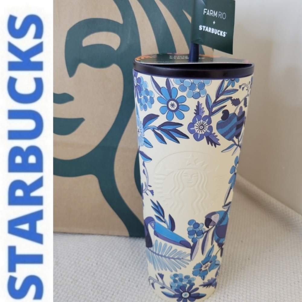 NWT Starbucks Farm Rio Floral 24 Ounce Cold Tumbler - Blue and Cream